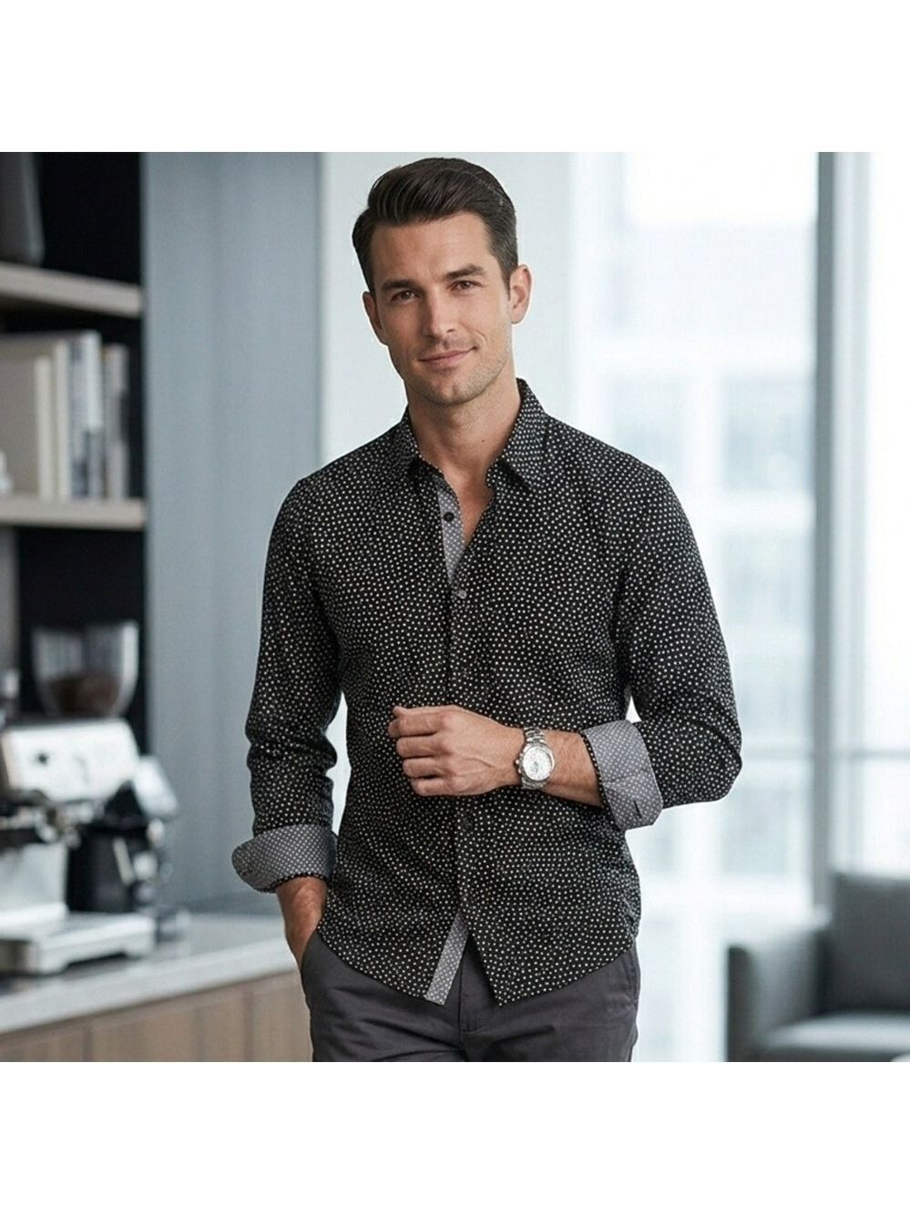 The Kooples Black and White Mini Hearts Pattern Shirt